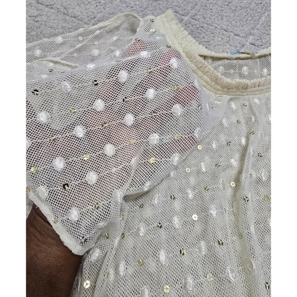 Leifnotes Womens Ivory Sheer Lace Dress Smocked‎ Waist Sequins Dot Size 2 - Picture 7 of 14